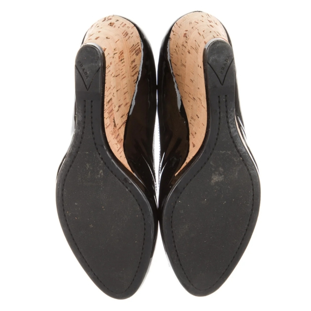 Prada Black Patent Peep Toe Cork Wedge Pumps Size 8 - Picture 6 of 7